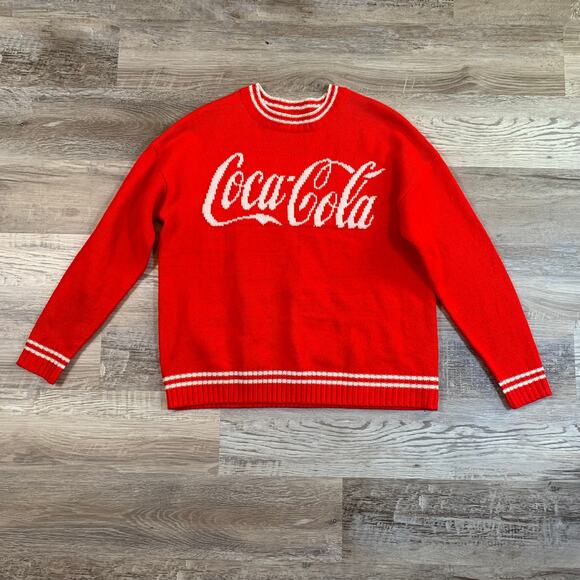 Vintage 90s Coca Cola Red Crew Neck Knit Oversize Chunky Sweater- Medium - Picture 1 of 4